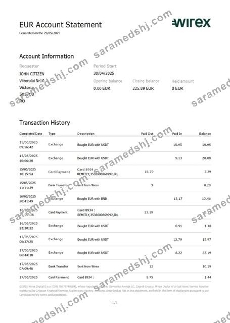 UK Wirex account statement Word and PDF template